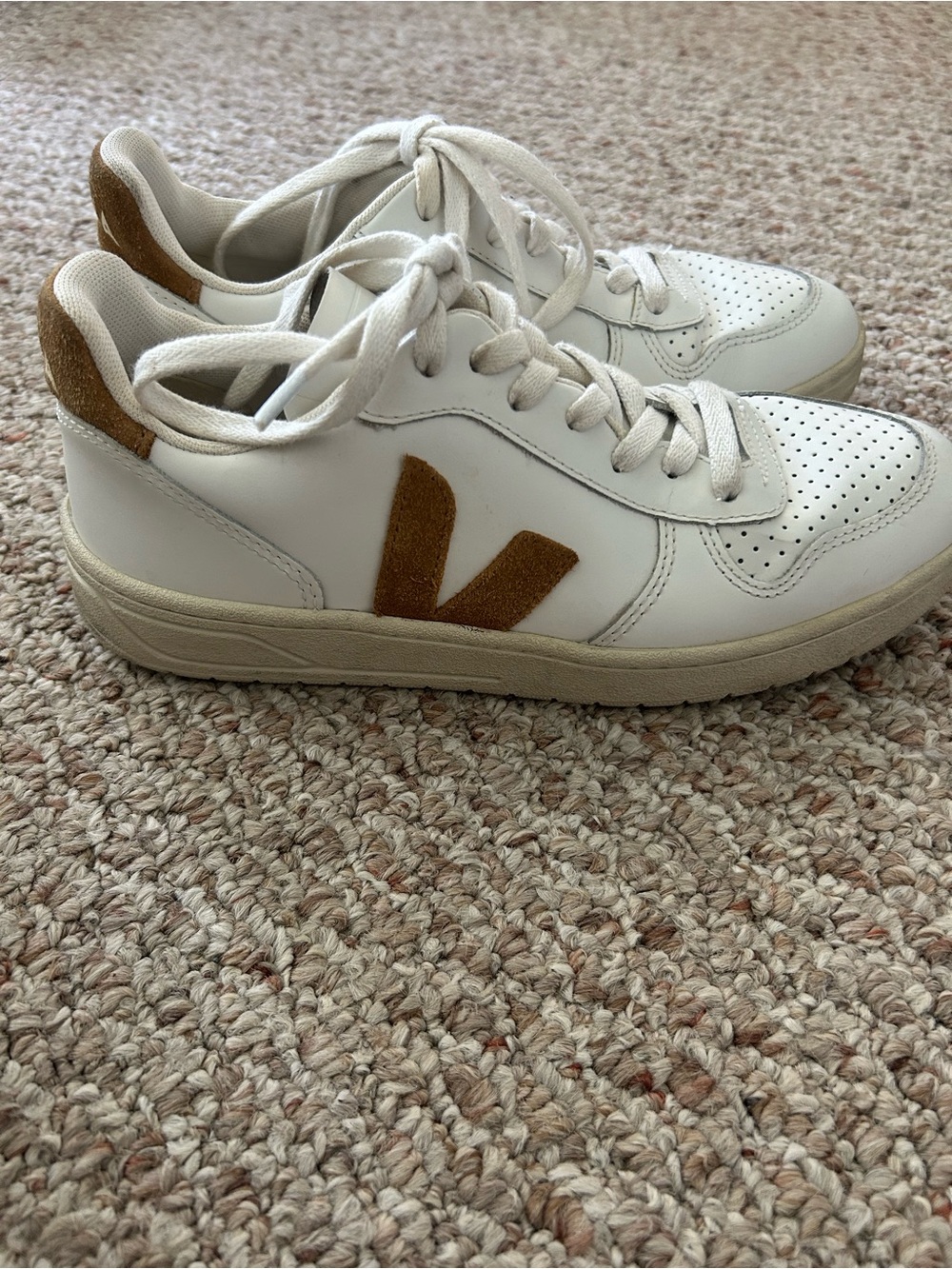 Veja White Leather Sneakers with Tan Suede V Accent